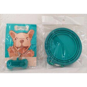Ruff 'N Ruffus Blue Collapsible Pet Travel Bowl Carabiner Clip & Bone LED Collar
